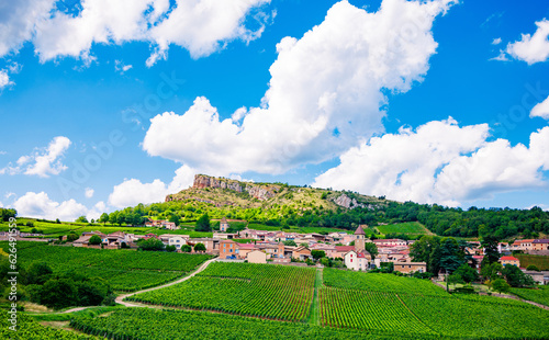 Solutre rock with village and vineyard landscape- Burgundy in France photo