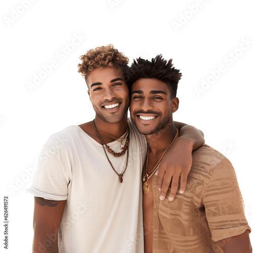 Attractive gay couple in summer vacation outfit isolated on transparent background