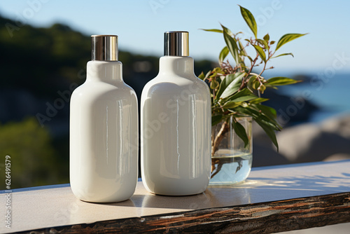 Minimalist aesthetics shine as two water lotion bottles gracefully adorn rocks against a serene white backdrop. Generative AI
