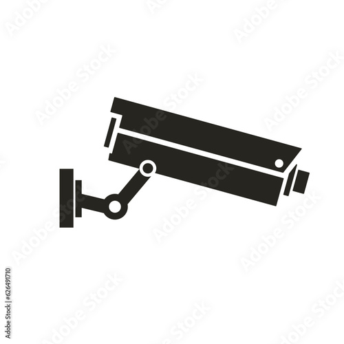 Isolated illustration of black security surveillance camera, a cctv icon, under protection and monitored area symbol for safety label template design