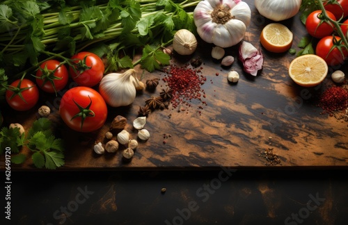 Tomatoes, basil, spices, peppers, onions, garlic, mushroom, vegetarian food spices and vegetables, top view, free space for your text, fresh basil herbs tomato pattern, cooking concept, AI Generative