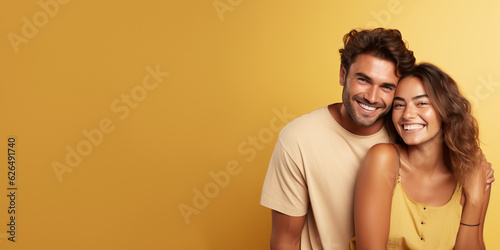Happy couple in summer outfit isolated on solid yellow background © TimeaPeter