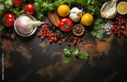 Tomatoes  basil  spices  peppers  onions  garlic  mushroom  vegetarian food spices and vegetables  top view  free space for your text  fresh basil herbs tomato pattern  cooking concept  AI Generative