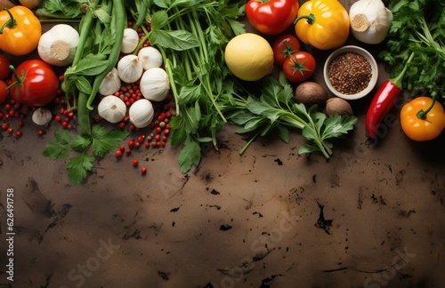 Tomatoes  basil  spices  peppers  onions  garlic  mushroom  vegetarian food spices and vegetables  top view  free space for your text  fresh basil herbs tomato pattern  cooking concept  AI Generative