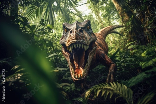 A Tyrannosaurus rex dinosaur in the jungle. Tyrannosaurus rex. Generative Ai © tong2530