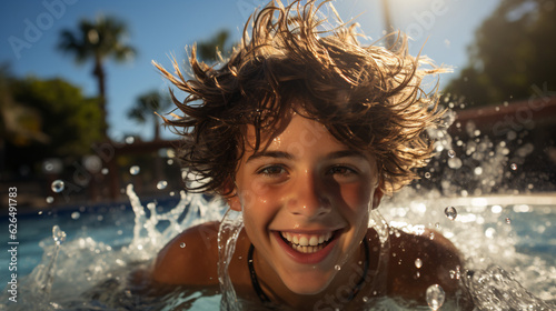 Happy kid playing in the pool on a hot summer day © TimeaPeter