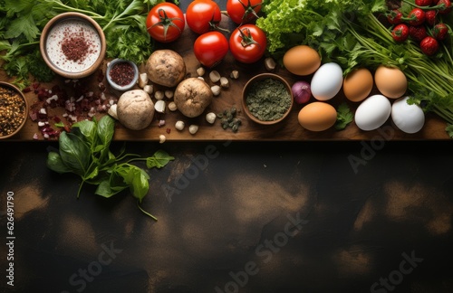 Tomatoes, basil, spices, peppers, onions, garlic, mushroom, vegetarian food spices and vegetables, top view, free space for your text, fresh basil herbs tomato pattern, cooking concept, AI Generative © ND STOCK