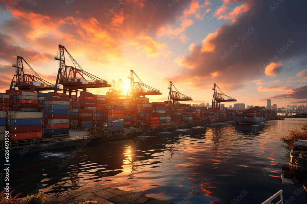 Dynamic global logistics, Containers loaded onto freight ships, cargo planes, and trucks against a city backdrop  Generative AI