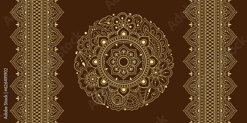 Seamless pattern of mehndi flower and border for Henna drawing and tattoo. Decorative doodle ornament in ethnic oriental, Indian style. Outline hand draw vector illustration.