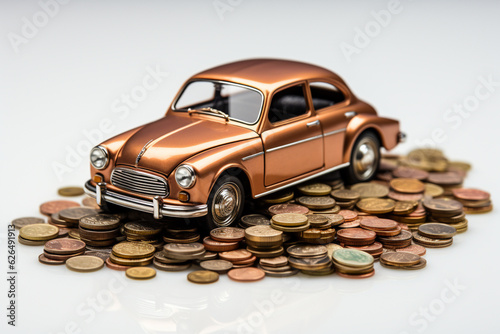 Charming stock photo featuring a small toy car model house and a pile of coins on a clean white table background Generative AI