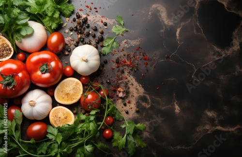 Tomatoes, basil, spices, peppers, onions, garlic, mushroom, vegetarian food spices and vegetables, top view, free space for your text, fresh basil herbs tomato pattern, cooking concept, AI Generative