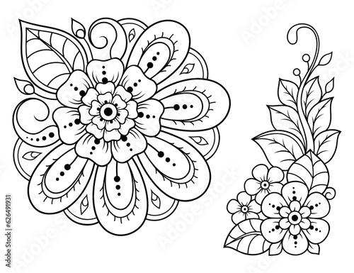 Set of Mehndi flower pattern for Henna drawing and tattoo. Decoration in ethnic oriental, Indian style. Doodle ornament. Outline hand draw vector illustration.