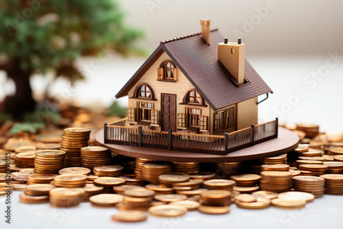 Creative stock photo displays a small house model and a pile of coins on a clean white background, evoking curiosity and financial concepts Generative AI