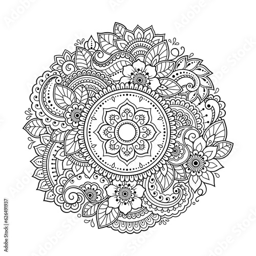 Circular pattern in form of mandala with flower for Henna, Mehndi, tattoo, decoration. Decorative ornament in ethnic oriental style. Outline doodle hand draw vector illustration.