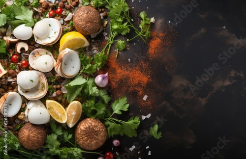 Tomatoes, basil, spices, peppers, onions, garlic, mushroom, vegetarian food spices and vegetables, top view, free space for your text, fresh basil herbs tomato pattern, cooking concept, AI Generative