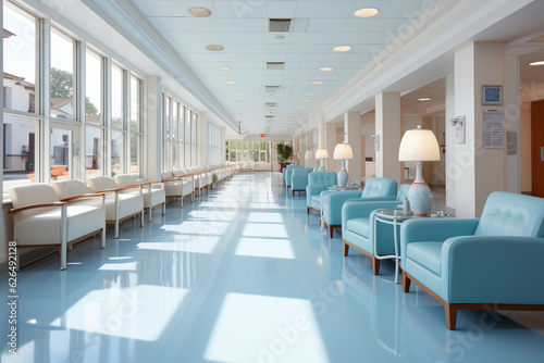 Long, brightly lit hospital hallway with blue seating  Generative AI