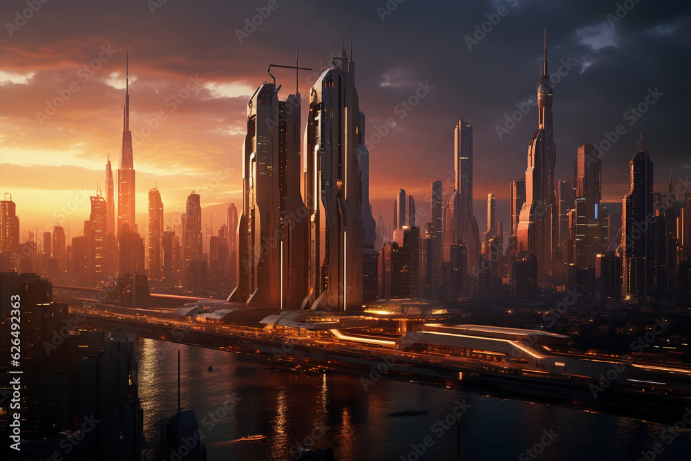 A detailed, photorealistic image of a sleek, futuristic city skyline at sunset, rich in architectural details, reflecting surfaces and neon signs. Style: Blade Runner, medium format film