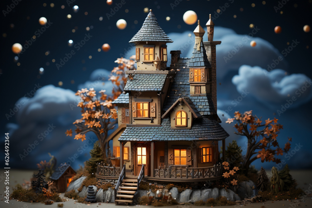 Whimsical toy house with bokeh effects, set against an evening sky  Generative AI