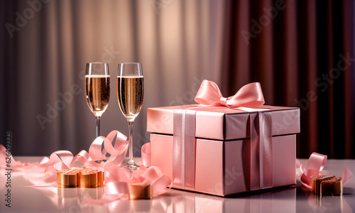 Deux coupe de champagne avec un cadeau emballé avec un ruban rose - Amour et célébration - Générative iA