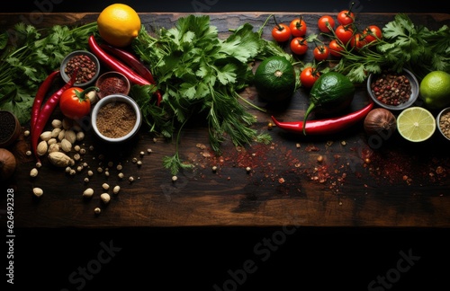 Tomatoes, basil, spices, peppers, onions, garlic, mushroom, vegetarian food spices and vegetables, top view, free space for your text, fresh basil herbs tomato pattern, cooking concept, AI Generative