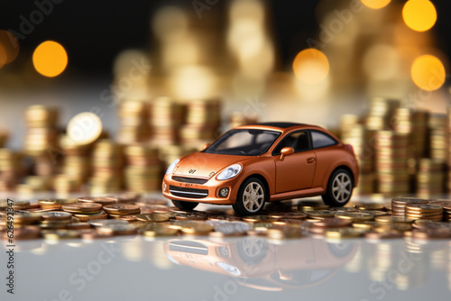 Whimsical stock photo showcases a small toy car model house alongside a pile of coins on a clean white table background  Generative AI © Muhammad Shoaib
