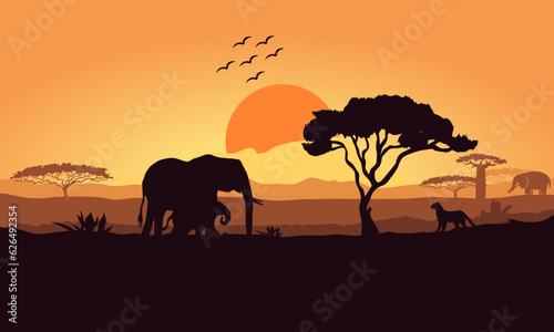 World Wildlife Day illustration. Africa safari illustration sun set with animals and flying birds