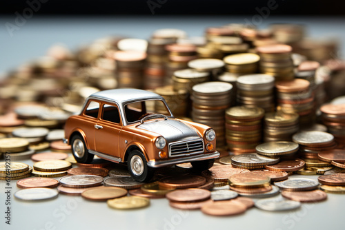 Whimsical stock photo showcases a small toy car model house alongside a pile of coins on a clean white table background Generative AI