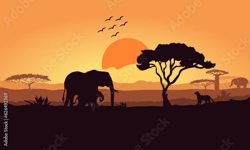 Africa safari illustration sun set with flying birds © ASGraphicsB24