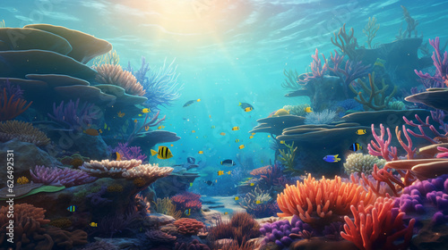 a serene underwater world  coral reef in vibrant colors  diverse marine life interacting with the environment. Sunrays penetrating the water surface  ambient lighting