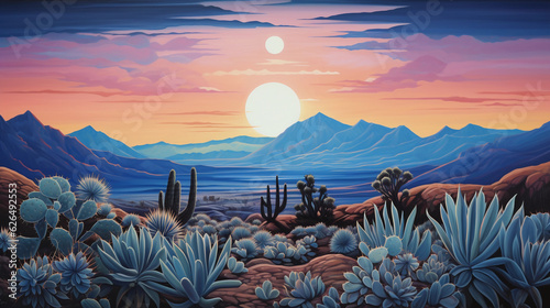Soft pastel drawing of a tranquil moonlit desert landscape, various cacti, blue agave, succulents, stark shadows, mystical