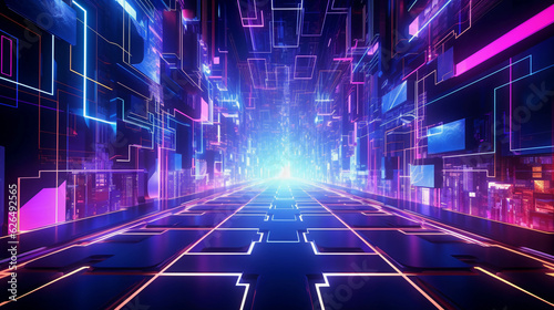A 3D rendering of a vibrant, neon - colored cyberspace filled with floating geometrical shapes and light trails. Futuristic, high contrast, with glows and lens flares, resembling a scene from TRON. Re