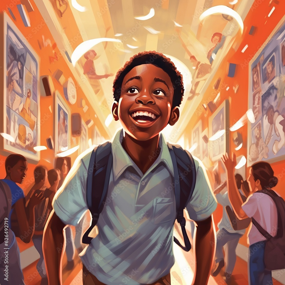 Happy African boy walking in a crowded school corridor with a backpack ...