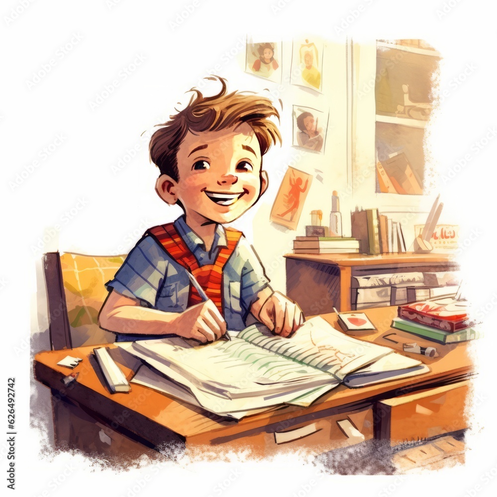 Happy schoolboy doing homework at his desk in his room. Cheerful Caucasian boy doing homework behind a table. Smiling young kid doing schoolwork. Vector illustration. Happy schoolboy doing homework at his desk in his room. Cheerful Caucasian boy doing homework behind a table. Smiling young kid doing schoolwork. Vector illustration.