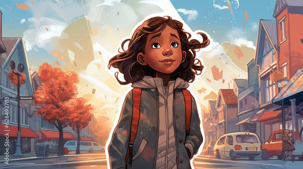 Happy little African girl walking to school on a beautiful day. Illustration of a cheerful young schoolgirl walking down a street. Art of a smiling teen on her way to school. Happy little African girl walking to school on a beautiful day. Illustration of a cheerful young schoolgirl walking down a street. Art of a smiling teen on her way to school.