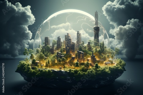 Abstract city with trees covered by a dome as a concept Sustainable development. 