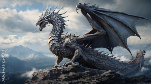 An intricate digital sculpture of a dragon  covered in shimmering scales  perched atop a mountain peak  with wisps of cloud around. Medieval fantasy  high contrast  dynamic lighting