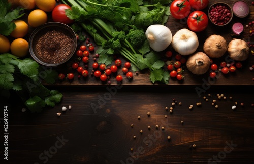 Tomatoes, basil, spices, peppers, onions, garlic, mushroom, vegetarian food spices and vegetables, top view, free space for your text, fresh basil herbs tomato pattern, cooking concept, AI Generative