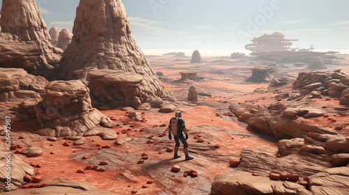  a sprawling Martian landscape, red desert, rocky formations, an astronaut exploring. Rendered in ultra - high definition, Curiosity rover point of view, sci - fi aesthetics.