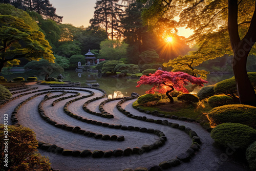 Fotografia A lush Zen garden at dawn, perfectly manicured plants and a serene pond with koi
