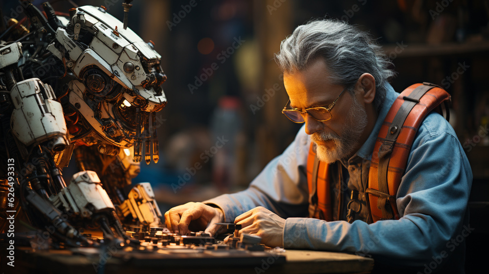 A wide picture of a modern robot helping a man in repairing