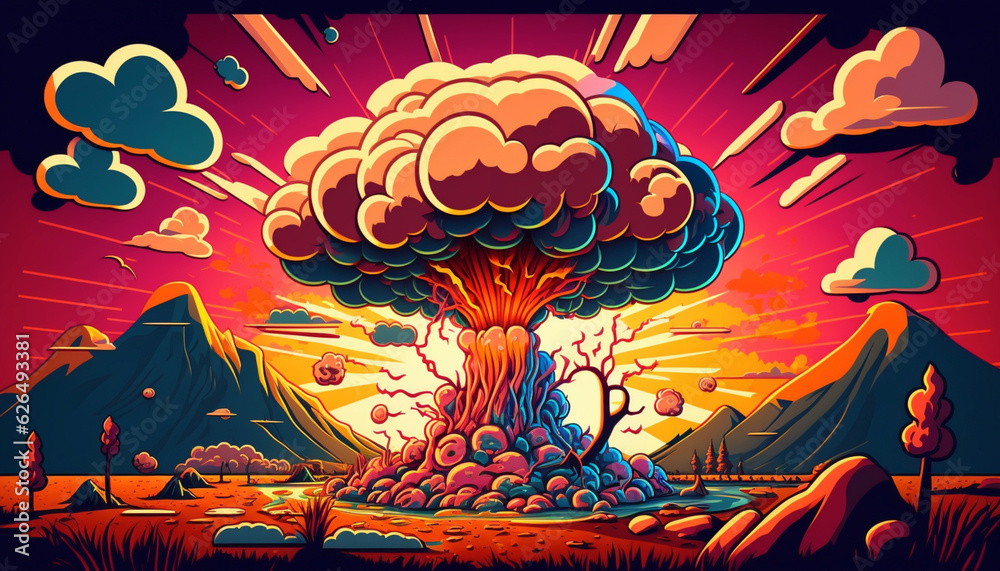 Psychedelic cartoon nuclear explosion.Generative AI.