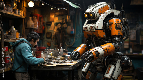A wide picture of a modern robot helping a man in repairing