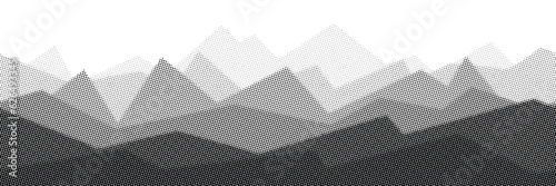 Seamless border, imitation of mountain landscape, vector halftone dots background, fading dot effect, banner, shades of gray