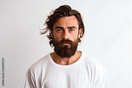 Isolated shot of young handsome man with beard, wearing casual clothes, posing in studio on white background, soft light photography © alisaaa