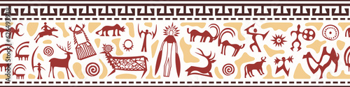Ethnic border on the theme of rock paintings, vector design. Seamless pattern, banner.