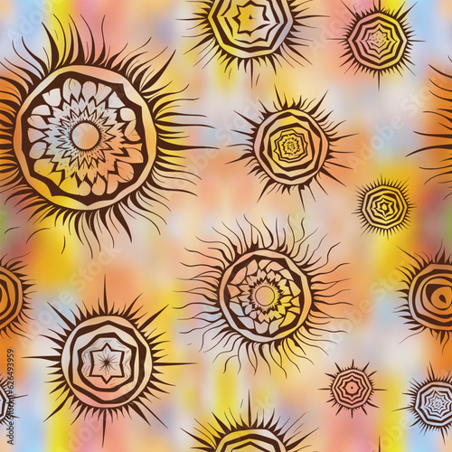 Seamless pattern, ethnic background, sun symbols, solar signs, vector design