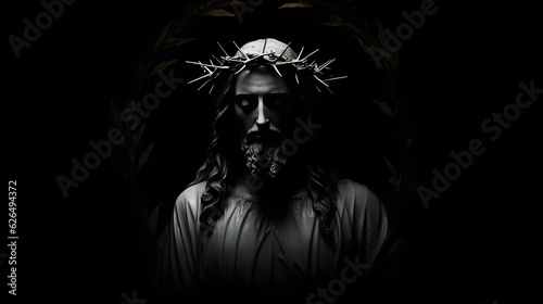 Jesus with wreath noise blur realistic silhouette face straight and down art black background