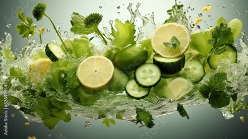Tela Juicy limes, lemons and cucumber with mint flying in the air, levitation in water