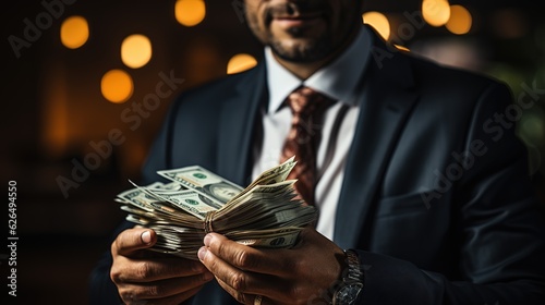 Successful, rich man businessman holds a large number of dollar bills in his hands. power, success, wealth. Generative AI photo