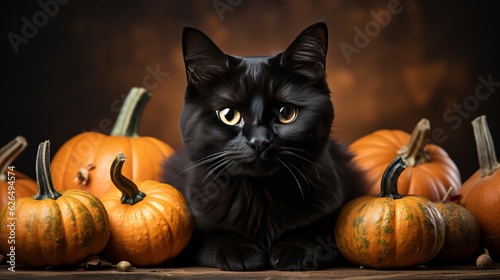 Halloween cat with pumpkins. Generative AI